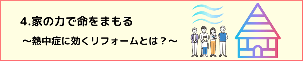 No4のタイトル文と親子三代の家族と涼し気な家の画像