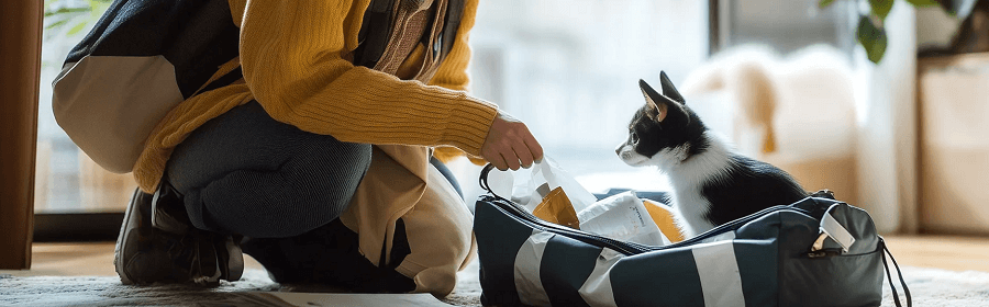 飼い主が猫のお世話をしている画像