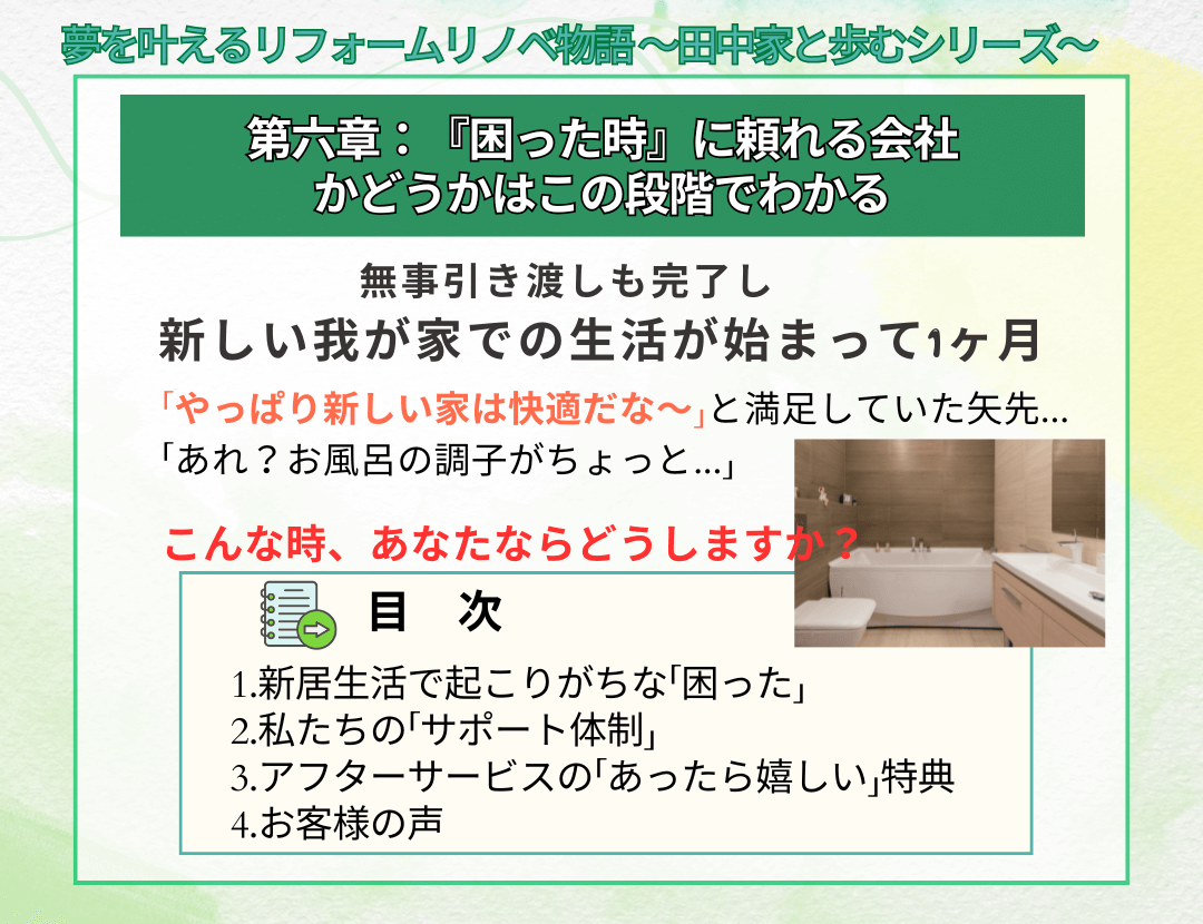 第六章のタイトルと概要文、浴室の画像
