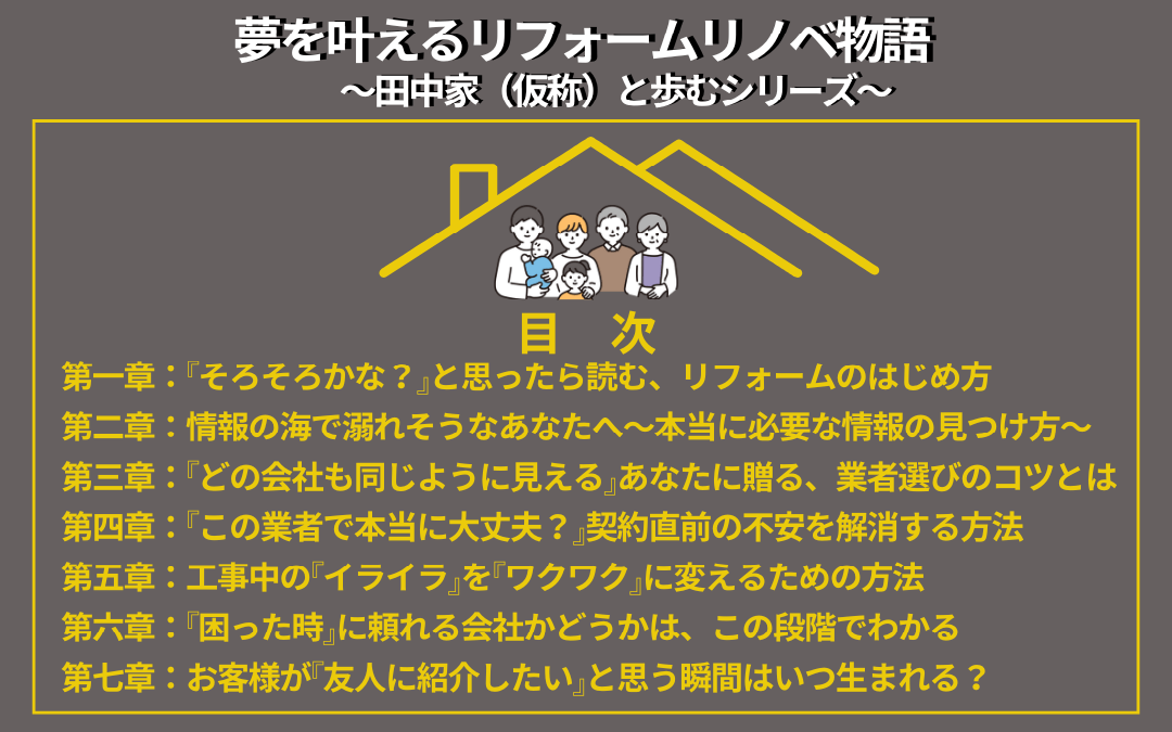 シリーズの目次文と屋根に守られた田中家の人たちの画像