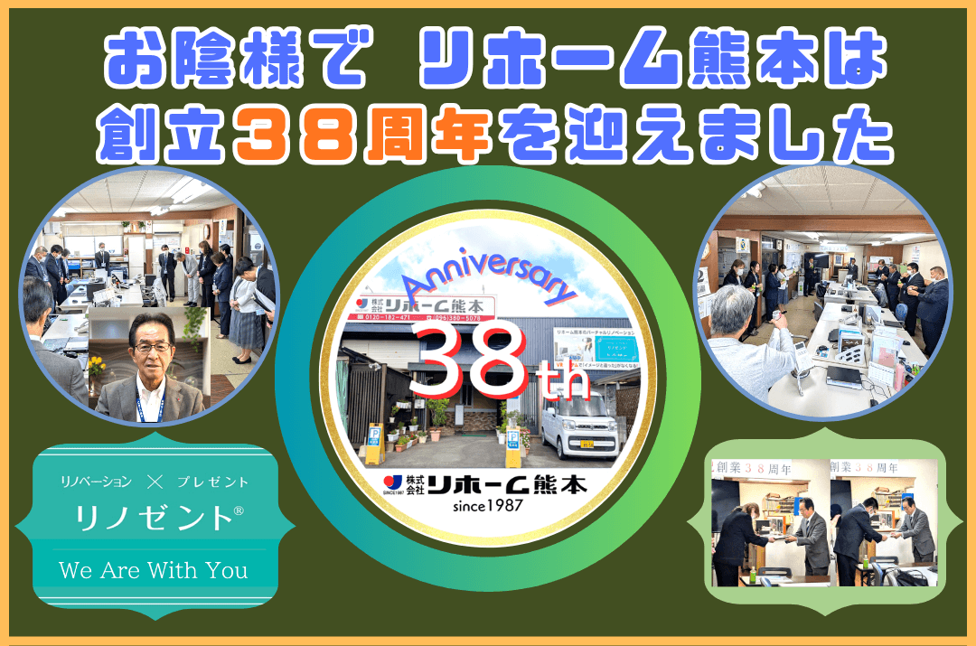 創立３８周年を祝う社内の風景写真を載せたサムネイル画像