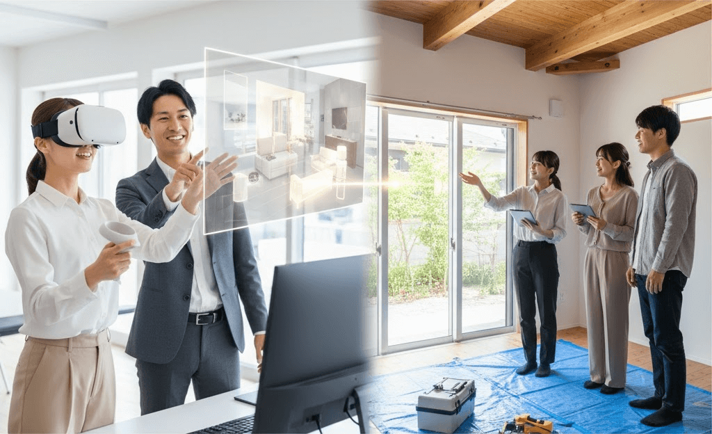 VRシステムを利用する女性客と、現場で打合せする人たちの画像